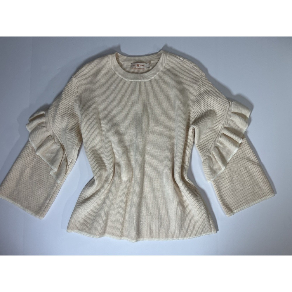 Tory Burch Ashley Ruffled Bell Sleeves Pullover Knit Sweater Wool Ivory Small - Picture 1 of 10
